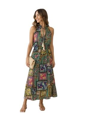 Le Ragazze, Made in Italy Patchwork Floral Linen Blend Maxi Dress, Size L EUC